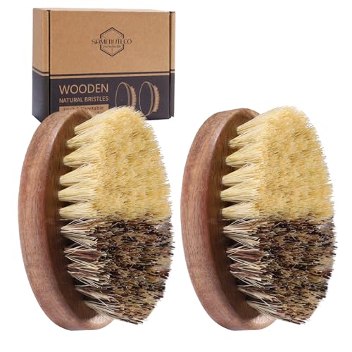 SAMEBUTECO Fruit & Vegetable Cleaning Brushes with Acacia Wood Handle Natural Half Sisal Bristle Half Palm Fibers Bristles Design,Oval Shape Easy Hold,Pack of 2,Brown - Image 1
