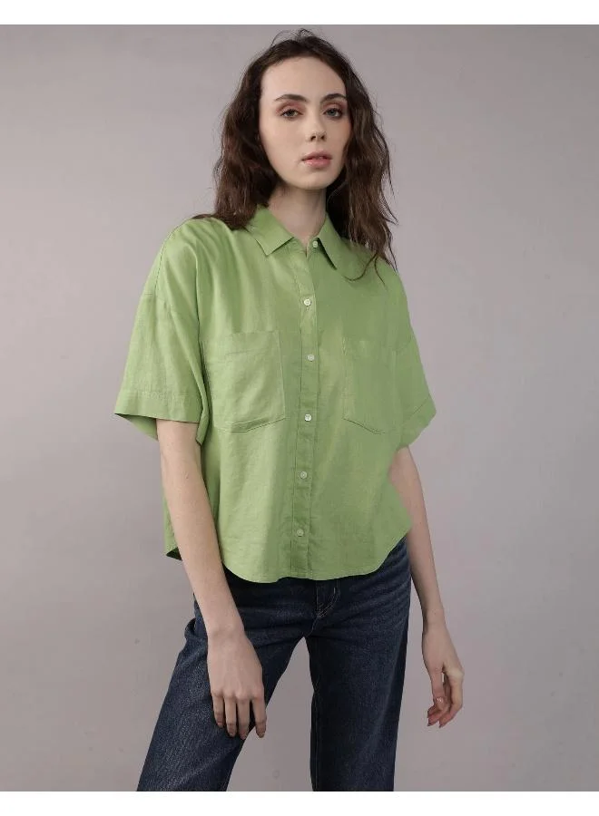 امريكان ايجل AE Linen-Blend Short-Sleeve Button-Up Shirt