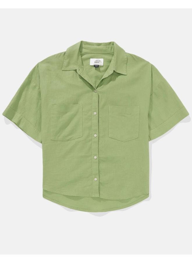 American Eagle - AE Linen-Blend Short-Sleeve Button-Up Shirt - Image 1