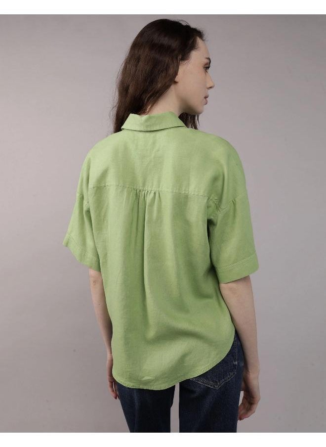 American Eagle - AE Linen-Blend Short-Sleeve Button-Up Shirt - Image 1