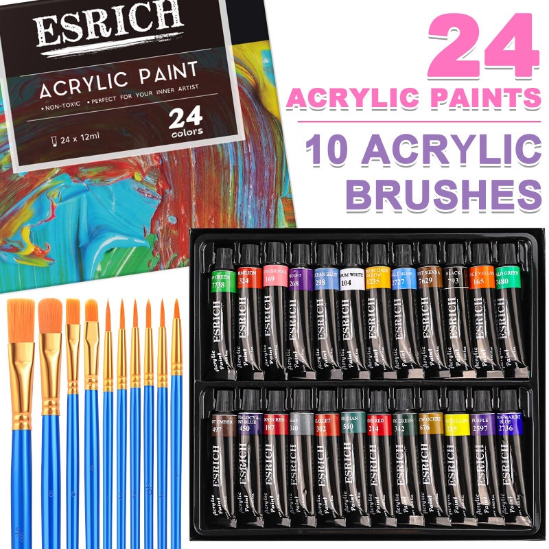 ESRICH مجموعة طلاء أكريليك ESRICH 78 قطعة مع حامل خشبي، فرش طلاء، قماش، مجموعة مستلزمات الرسم للأطفال، الطلاب، الفنانين والمبتدئين - Image 3