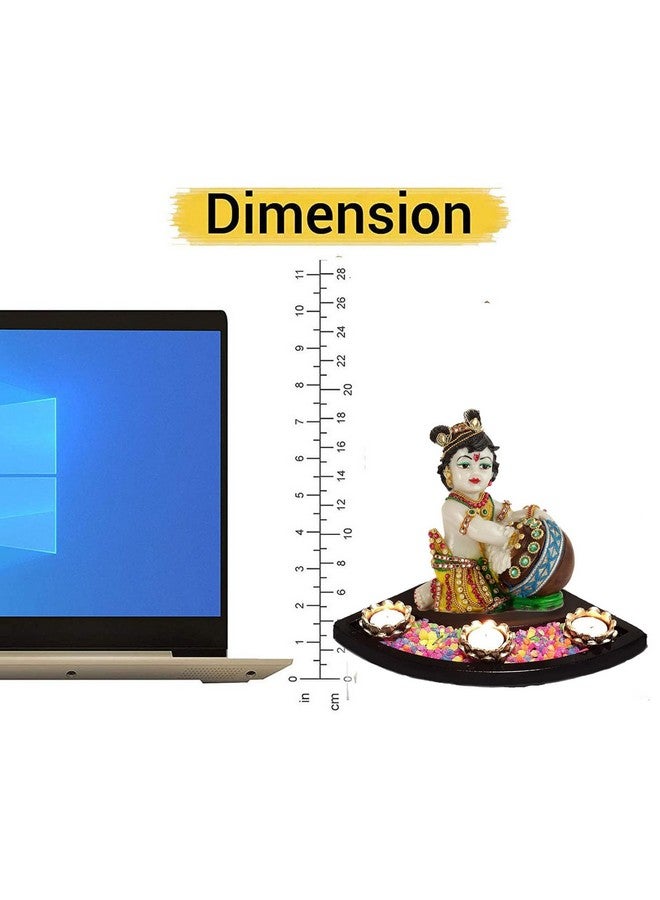 SN Handicrafts SN Handicrafts Baby Krishna Resin Sculpture Lord Krishna Makhan Chor Idols Statue Mandir Temple Pooja Room Table Decorative Gifts with Natural Stones Lotus 3 Tealight Candle Holder and Wooden Tray  - Image 2