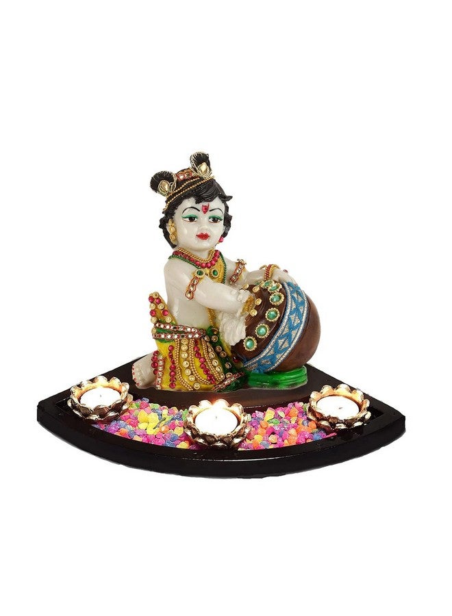 SN Handicrafts SN Handicrafts Baby Krishna Resin Sculpture Lord Krishna Makhan Chor Idols Statue Mandir Temple Pooja Room Table Decorative Gifts with Natural Stones Lotus 3 Tealight Candle Holder and Wooden Tray  - Image 3