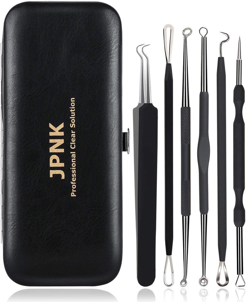 JPNK JPNK Blackhead Remover Tool Comedones Extractor Acne Removal Kit for Blemish Whitehead Popping 6 Pcs Zit Removing for Nose Face Tools with a Leather Bag Black