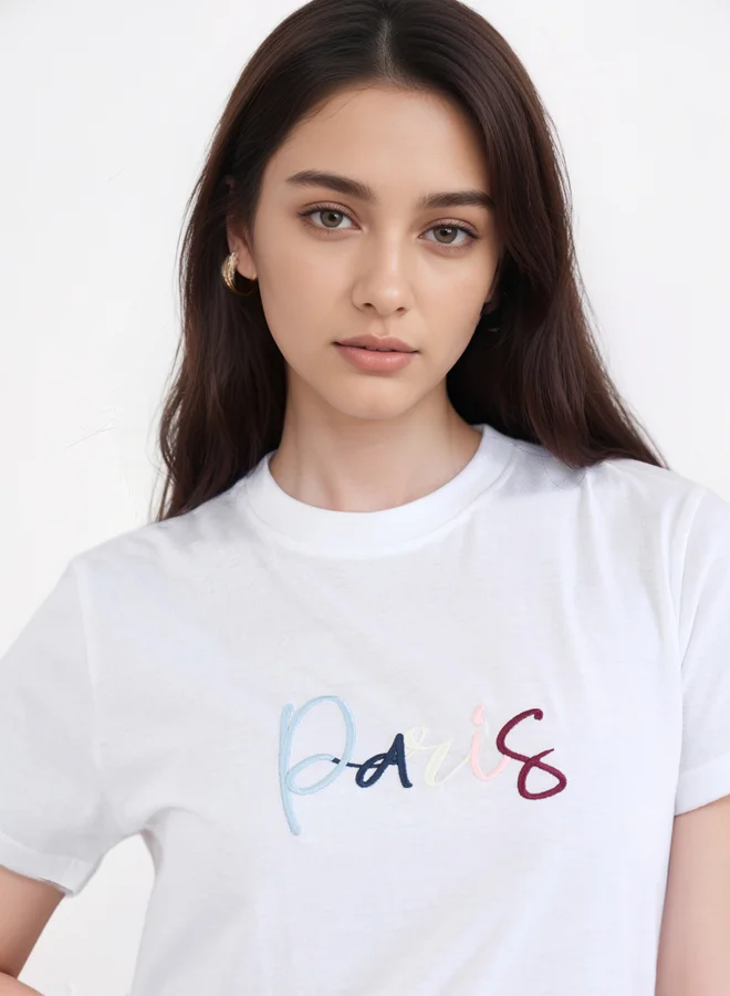 Styli Styli White Paris Embroidered Regular Fit T-Shirt