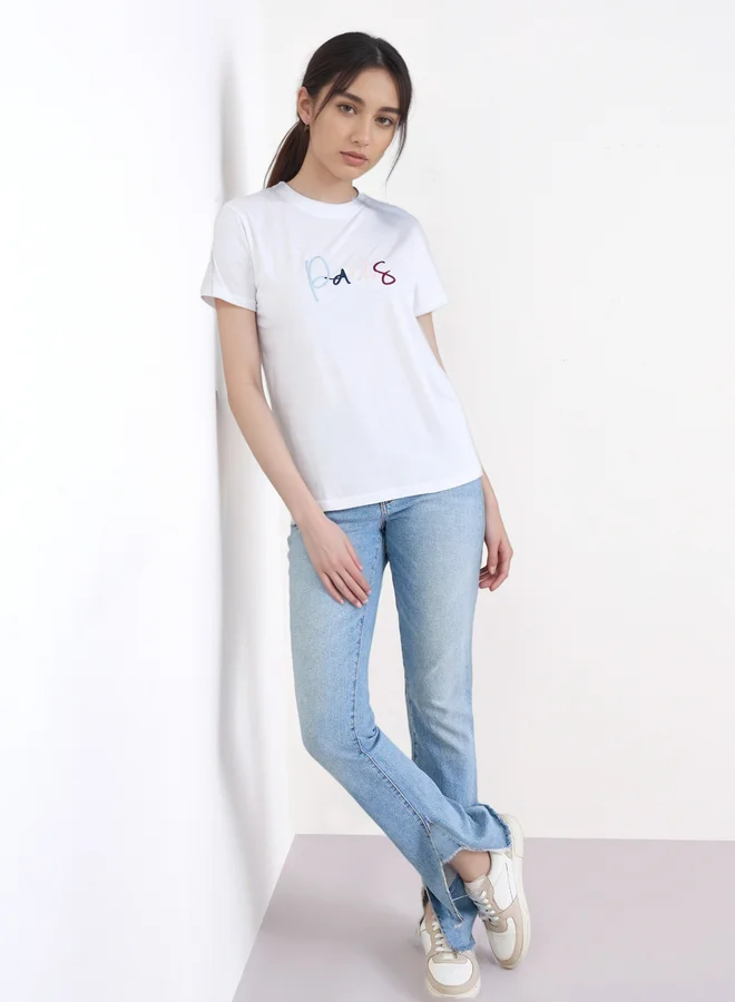 Styli Styli White Paris Embroidered Regular Fit T-Shirt
