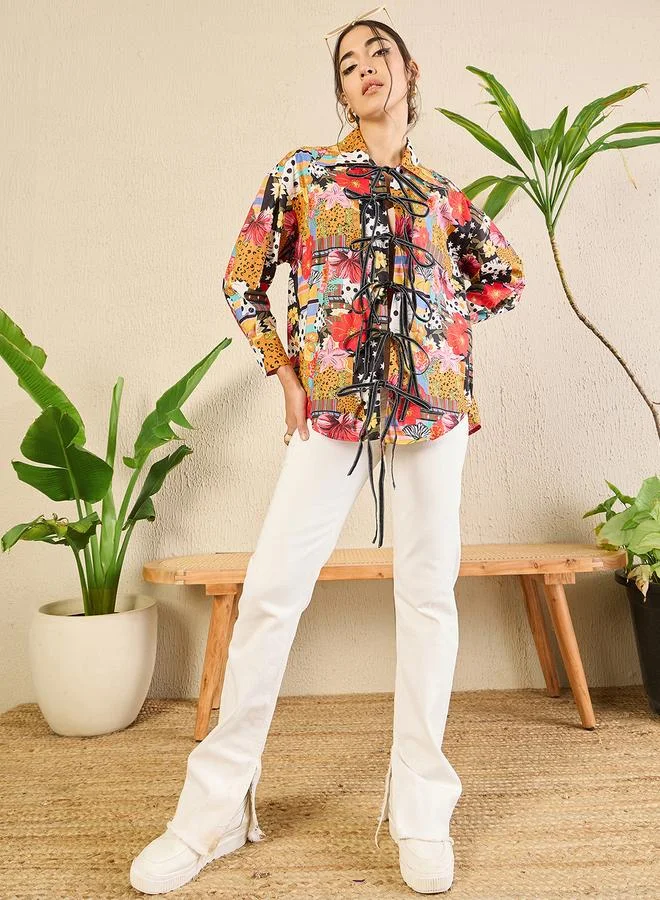 Uptownie Multi All Over Print Front Tie-Up Longline Shirt