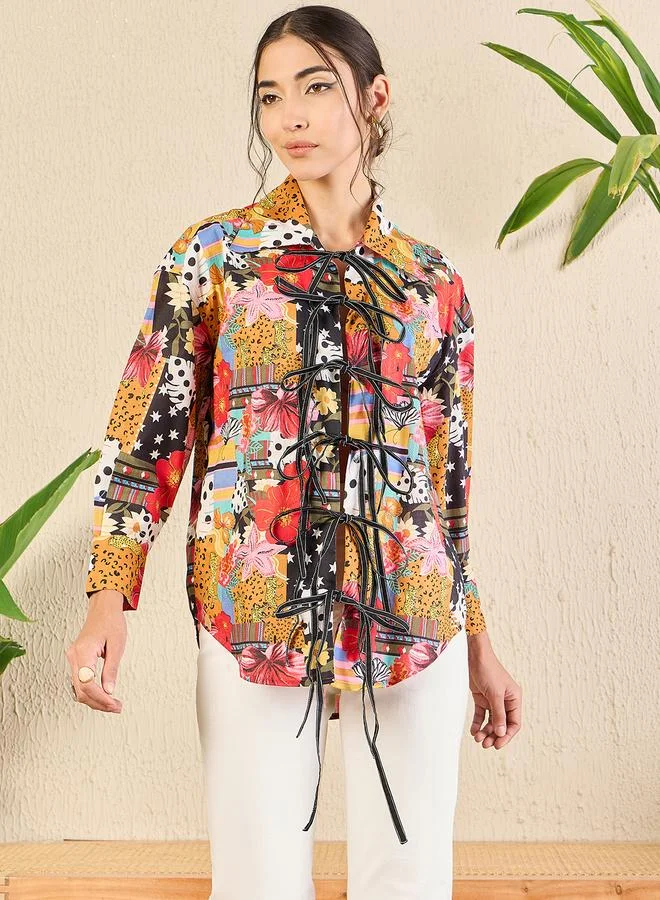 Uptownie Multi All Over Print Front Tie-Up Longline Shirt