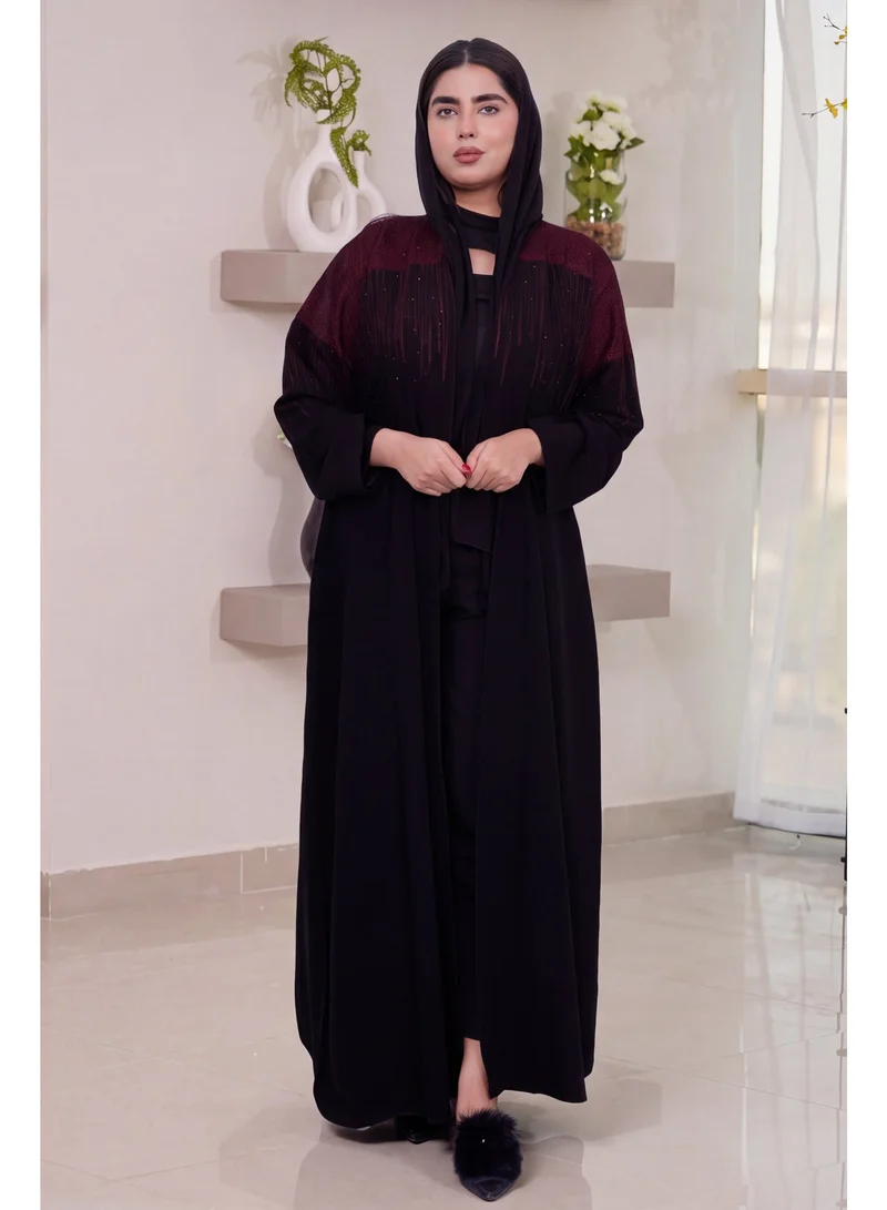 Fashion Line Elegant Black Open-Front Abaya with Maroon Shimmering Embellishment and Matching Hijab