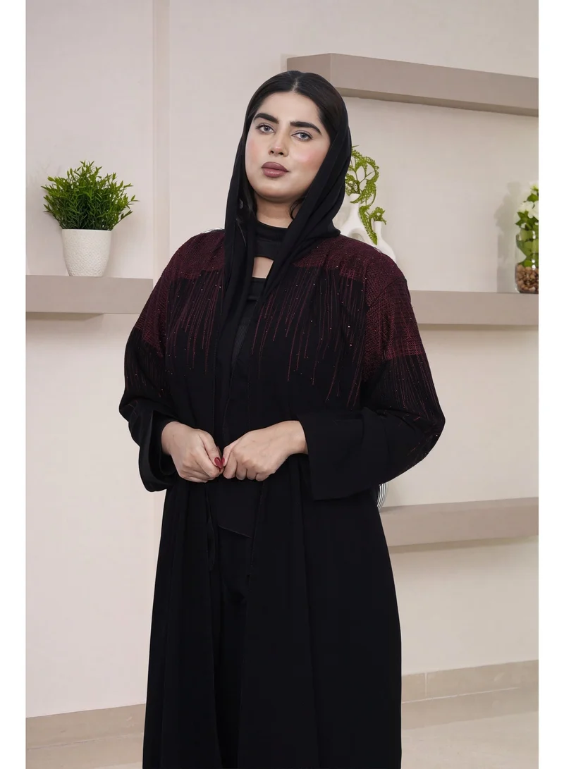 Fashion Line Elegant Black Open-Front Abaya with Maroon Shimmering Embellishment and Matching Hijab