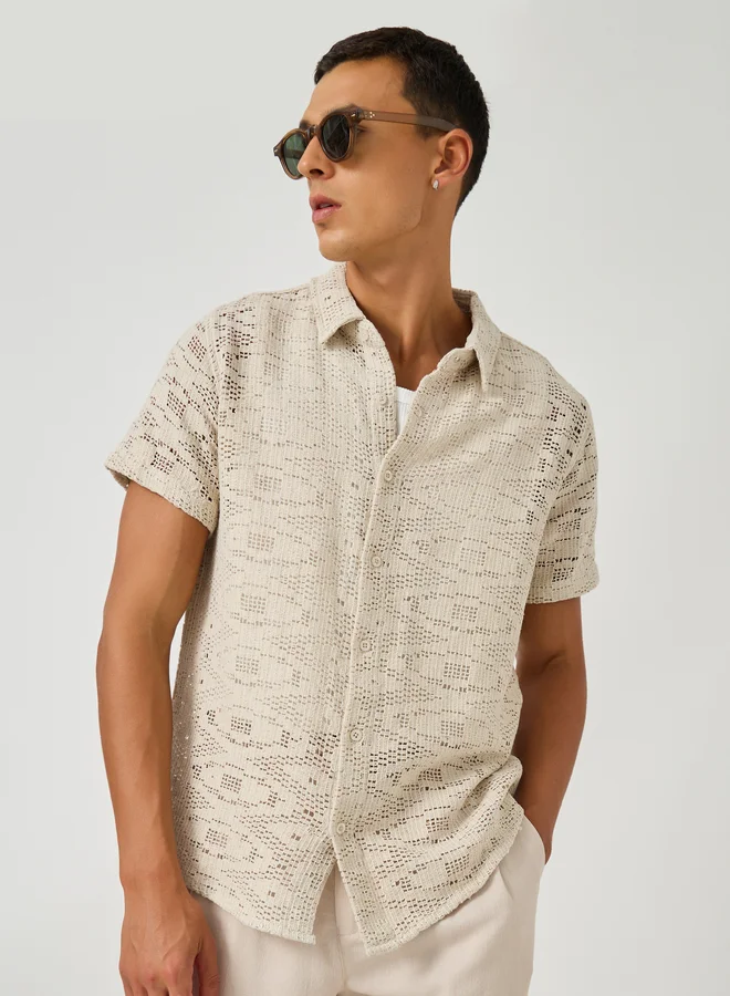 Styli Textured Crochet Regular Fit Spread Collar Shirt