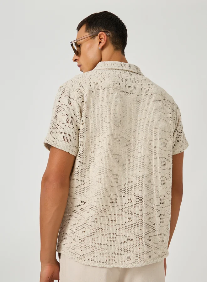 Styli Textured Crochet Regular Fit Spread Collar Shirt