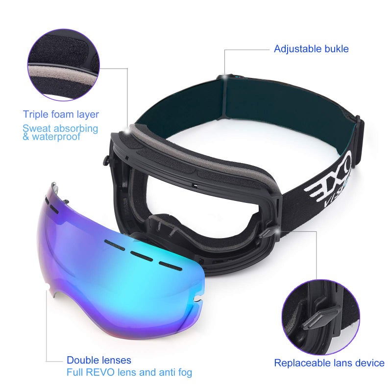 EXP VISION Snowboard Ski Goggles Men Women Youth, Anti Fog OTG Winter Snow Goggles Spherical Detachable Lens (Green) - Image 3