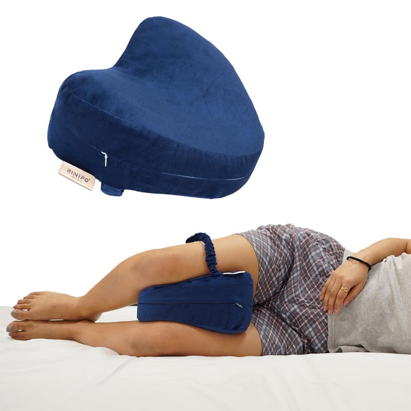 RINIPO Memory Foam Knee Pillow for Sleeping,Leg Pillow for Pregnancy,Back Pain,Side Sleepers,Sciatica and Knee Pain Relief, Knock Knee Pillow for Leg Support with Washable Zipper Cover, Velvet Blue - Image 1