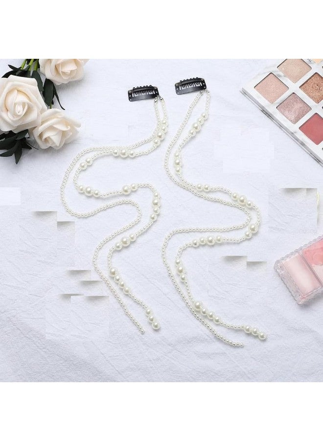 Fameza 2Pcs Premium Faux Pearl Hair Clip Chain, Long Tassel Faux Pearl Hair Chain, Faux Pearl Hair Chain Clip In Braids, Women Wedding Party, - Image 2