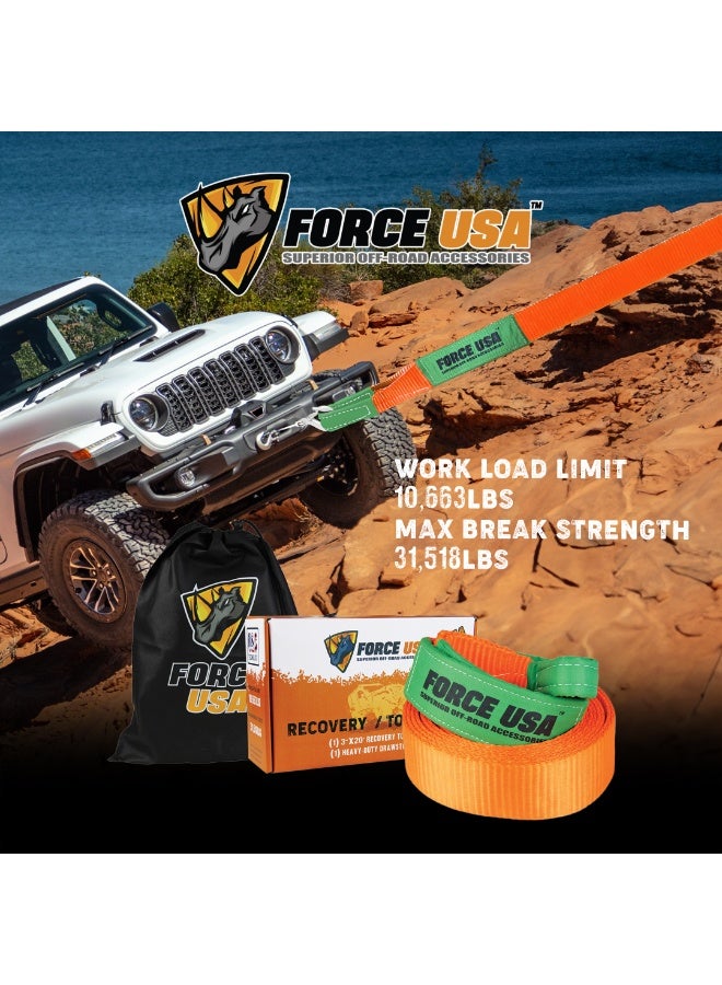 FORCE USA حزام سحب للطرق الوعرة - ملحق قوي لسحب المركبات للسيارات الرباعية الدفع، SUV، الشاحنات، الرمل، الطين والثلج، مدمج، محمول، حزام معزز لسحب موثوق (برتقالي، 8 متر) - Image 4