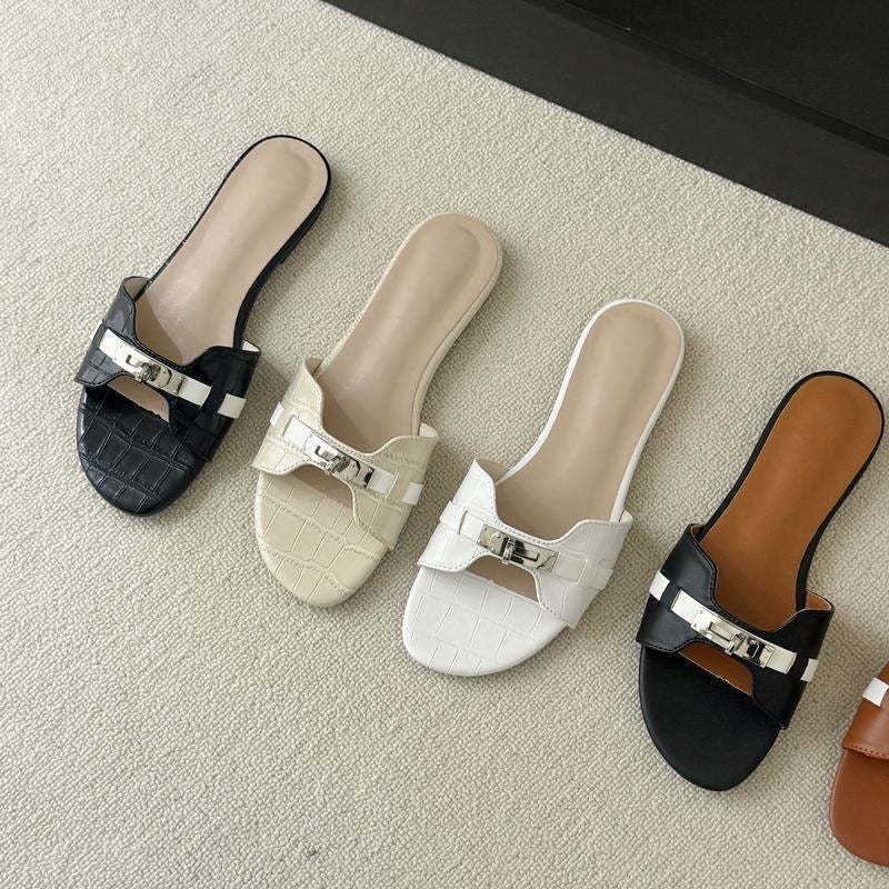 Women's Flat Slides Sandals with Croc Embossed Pattern - Image 3