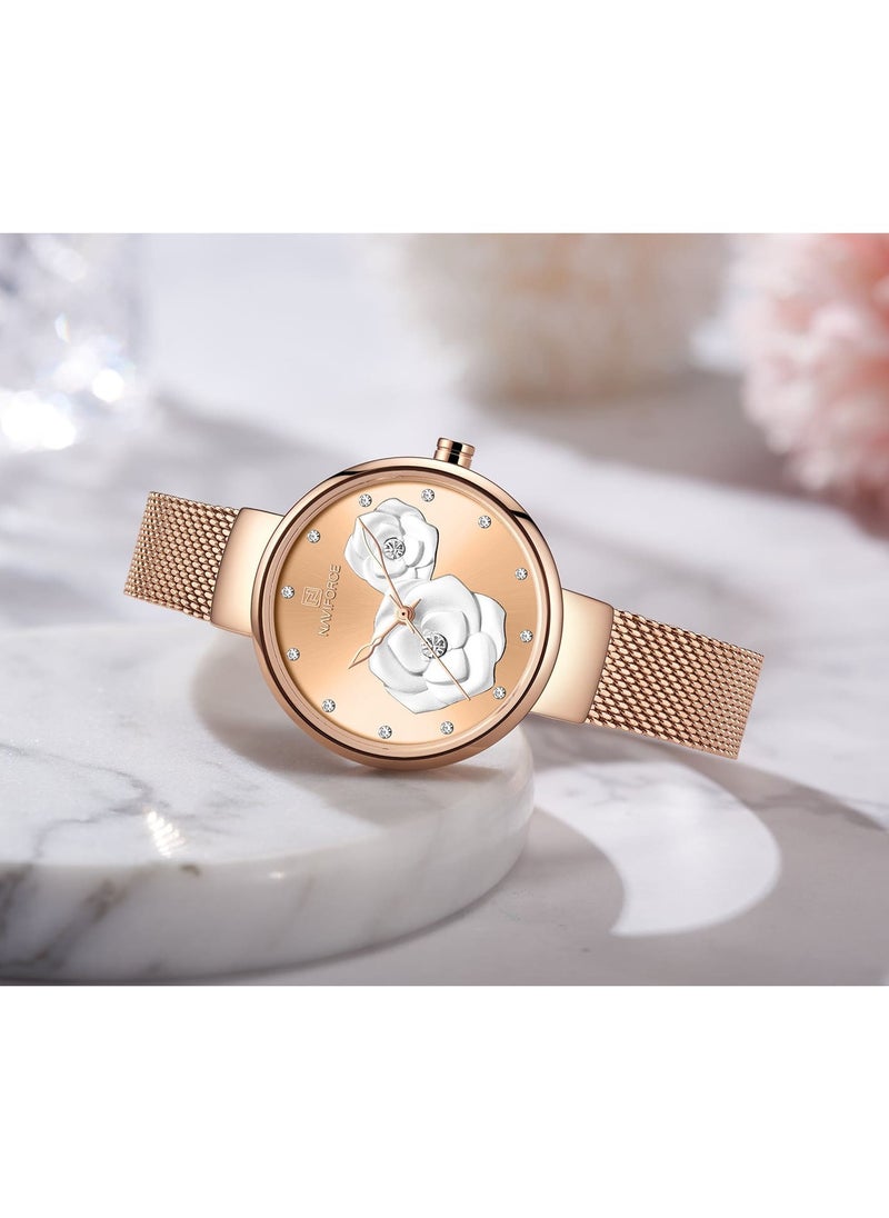 NAVIFORCE Elegant Women's Quartz Watch Stylish Round Dial with Floral Embossed Design Sparkling Crystal Hour Markers Stainless Steel Mesh Strap Fashionable Timepiece for Everyday Wear and Special Occasions  - Image 4