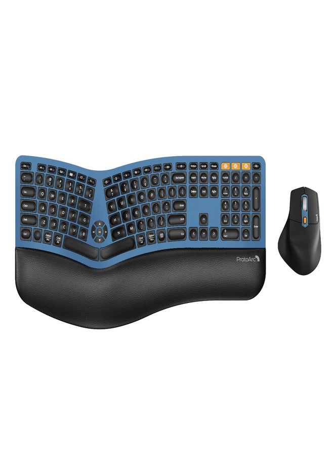 ProtoArc Ergonomic Wireless Keyboard Mouse, EKM01 Plus Full Size Ergo Bluetooth Keyboard Mouse Combo, Split Design, Wrist Rest, Multi-Device, Rechargeable, for Windows/Mac OS - Dark Blue - Image 1