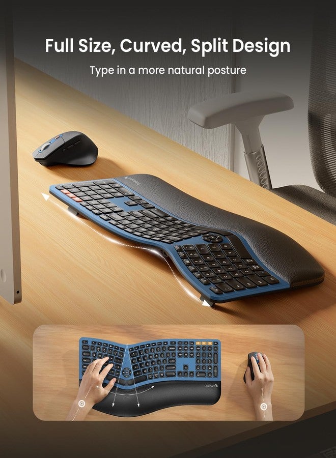 ProtoArc Ergonomic Wireless Keyboard Mouse, EKM01 Plus Full Size Ergo Bluetooth Keyboard Mouse Combo, Split Design, Wrist Rest, Multi-Device, Rechargeable, for Windows/Mac OS - Dark Blue - Image 2