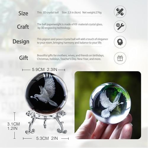 ZEERSHEE 60mm 3D Peace Dove Crystal Ball Figurine with Stand Glass Pigeon Ornament Decor for Home Table - Image 3