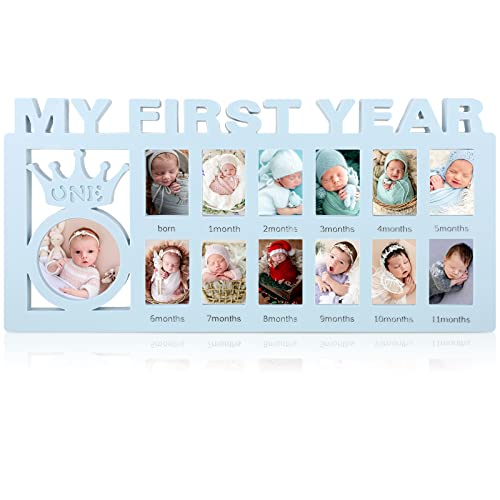 Unittype Unittype My First Year Baby Picture Frame Newborn Babys First Twelve Months Photo Collage12 Month Milestone Keepsake Frame for Photo Memories Baby 1st Birthday Mothers Day GiftBlue 