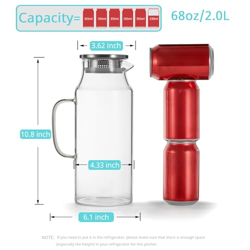 Bivvclaz 2 Liter 68 oz Glass Pitcher with Lid and Handle, Glass Carafe for Hot/Cold Water, Large Iced Tea Pitcher for Coffee, Juice and Homemade Beverage - Image 2