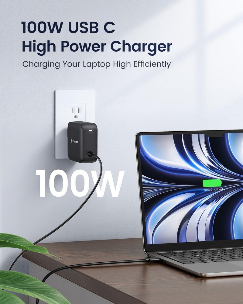 TOBENONE شاحن لابتوب USB C بقوة 100 واط، محول طاقة عالمي GaN III، شاحن سريع قابل للطي بديل PD3.0 لجهاز MacBook Pro/Air، HP، Lenovo، Asus، Steam Deck، وجميع أجهزة Type C (كابل بطول 5 أقدام) - Image 2