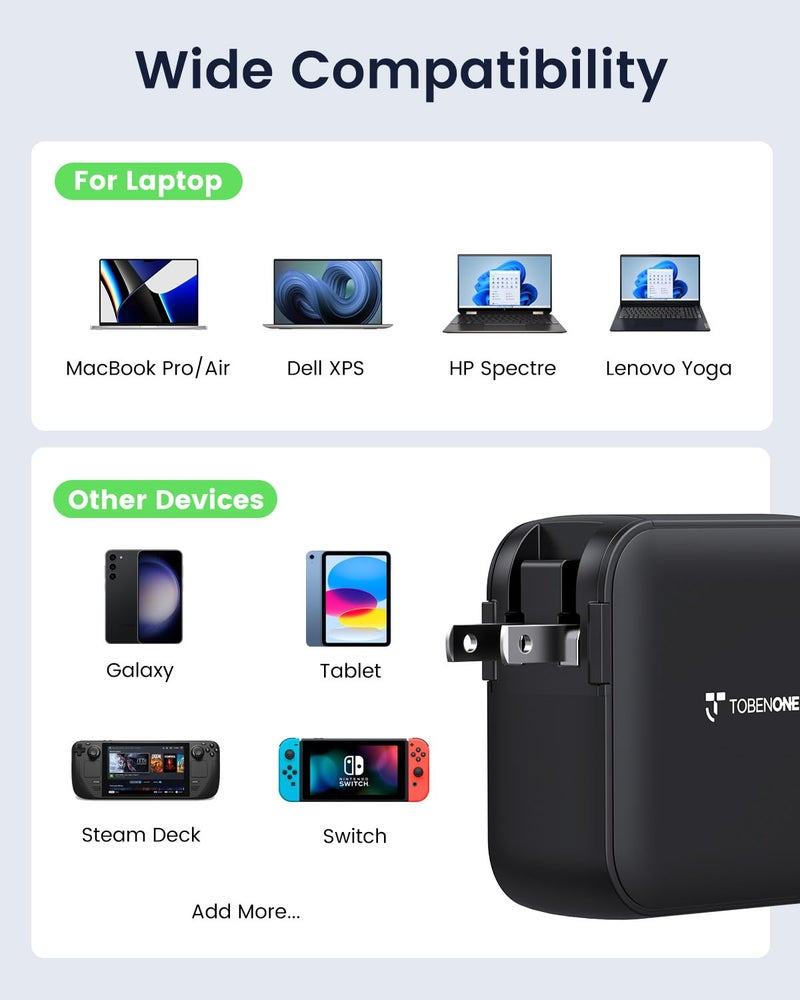 TOBENONE شاحن لابتوب USB C بقوة 100 واط، محول طاقة عالمي GaN III، شاحن سريع قابل للطي بديل PD3.0 لجهاز MacBook Pro/Air، HP، Lenovo، Asus، Steam Deck، وجميع أجهزة Type C (كابل بطول 5 أقدام) - Image 3