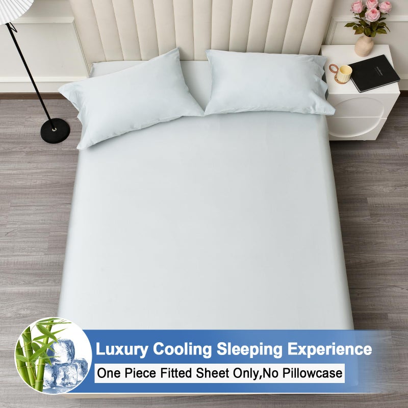 PHF PHF 100% Rayon Derived from Bamboo Cooling Fitted Sheet Queen Size for Hot Sleeper  16"" Deep Pocket  2.5cm Wider Strong Elastic Easy Fit  Breathable Silky Soft  60""x 80""  Ice Blue  No Pillowcase  - Image 3