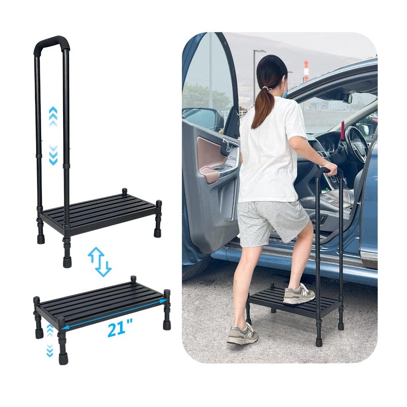 Car Step Stool with Handle for Elderly Medical Handicap Step Stools with Handrail Seniors Bed Steps for High Beds Heavy Duty Metal Stepping Stool with Safety Step Platform Vehicle Step Up Assist