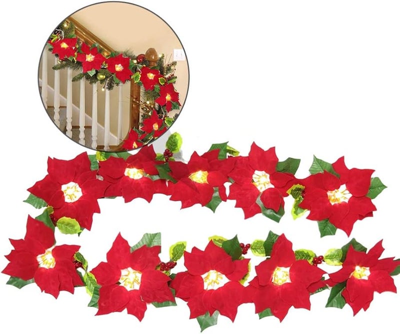 PRETYZOOM أضواء سلسلة زهور حمراء لعيد الميلاد تعمل بالبطارية لتزيين المنزل والشجرة والباب في المناسبات الاحتفالية - Image 5