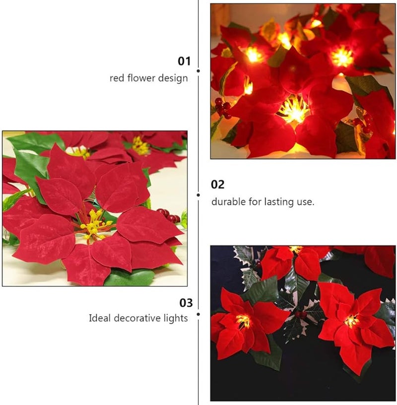 PRETYZOOM أضواء سلسلة زهور حمراء لعيد الميلاد تعمل بالبطارية لتزيين المنزل والشجرة والباب في المناسبات الاحتفالية - Image 4