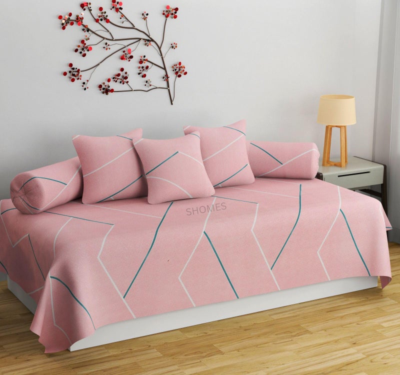 SHOMES Pure Soft Cotton Stripe Printed Diwan Set Covers 6 Pieces - 1 Single Bed Sheet (60 X 90) with 3 Cushion (16 X 16), 2 Bolster Covers (16 X 32) - Pink Color - Image 1