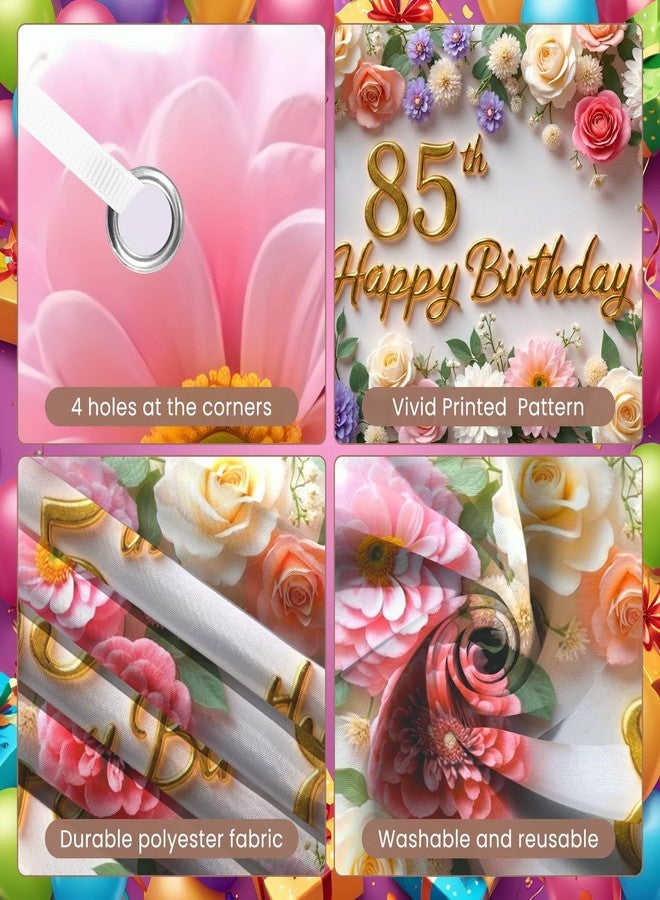 LUUFILx Flower 85th Birthday Banner Decorations for Women Pink Roses Floral Happy 85th Birthday Banner Backdrop Sign for 85 Years Old Anniversary Party Home Wall Outdoor Indoor Photo Booth Background Supplies - Image 5