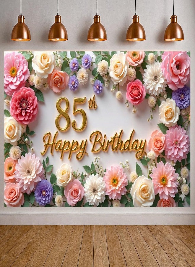 LUUFILx Flower 85th Birthday Banner Decorations for Women Pink Roses Floral Happy 85th Birthday Banner Backdrop Sign for 85 Years Old Anniversary Party Home Wall Outdoor Indoor Photo Booth Background Supplies - Image 2