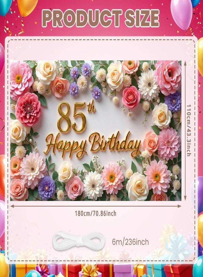 LUUFILx Flower 85th Birthday Banner Decorations for Women Pink Roses Floral Happy 85th Birthday Banner Backdrop Sign for 85 Years Old Anniversary Party Home Wall Outdoor Indoor Photo Booth Background Supplies - Image 3