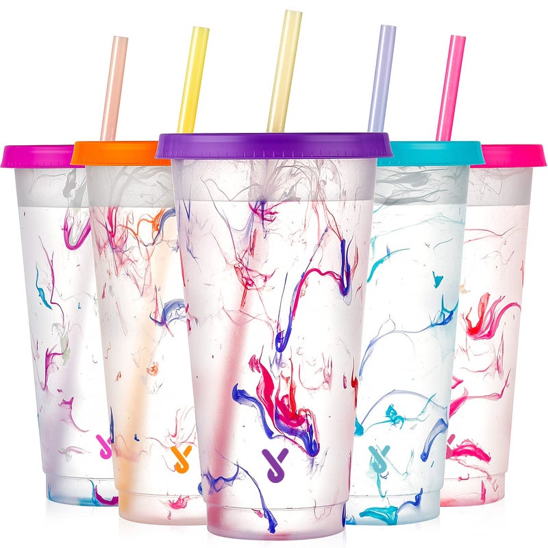 Meoky Color Changing Cold Cups with Lids and Straws  5 Pack 24 oz Plastic Cute Tumblers Bulk Reusable for Kids Women Party Iced CoffeeSwirl