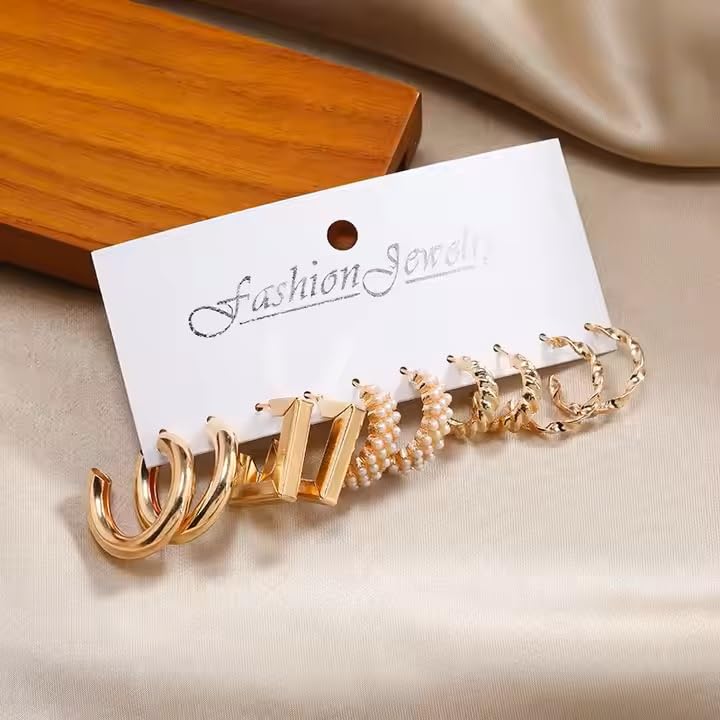 MEENAZ Earrings set for women 5 pairs | Earrings for Women Girls | Fashion Gold Stud & Hoop Set | Gold Hoop & Studs Earring Pearl Stylish | Western Hoop Earrings Combo Birthday Gift Anniversary Wife - Image 4