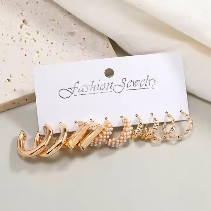 MEENAZ Earrings set for women 5 pairs | Earrings for Women Girls | Fashion Gold Stud & Hoop Set | Gold Hoop & Studs Earring Pearl Stylish | Western Hoop Earrings Combo Birthday Gift Anniversary Wife - Image 2