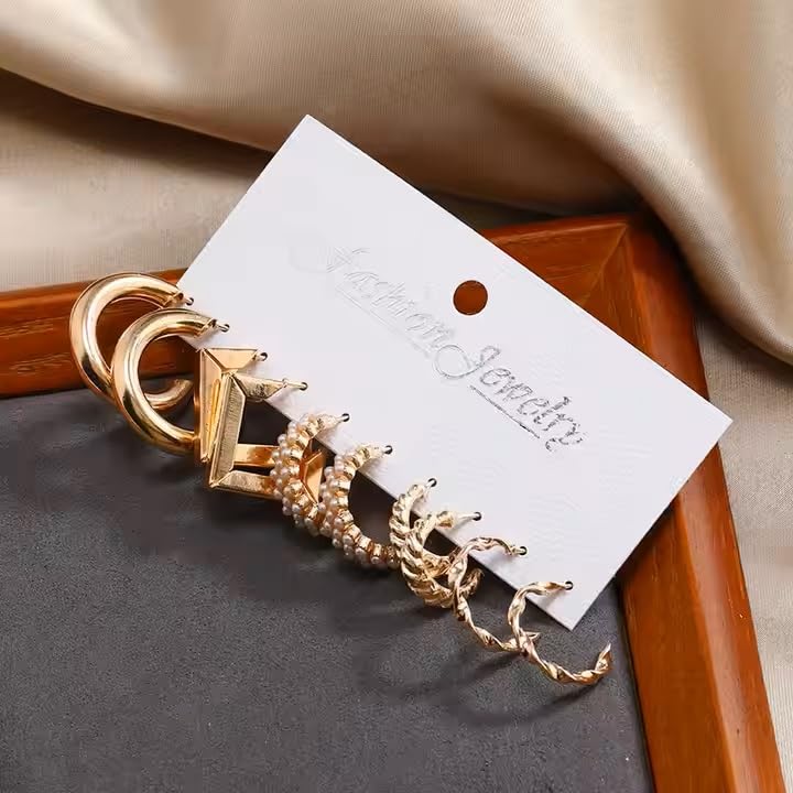 MEENAZ Earrings set for women 5 pairs | Earrings for Women Girls | Fashion Gold Stud & Hoop Set | Gold Hoop & Studs Earring Pearl Stylish | Western Hoop Earrings Combo Birthday Gift Anniversary Wife - Image 5