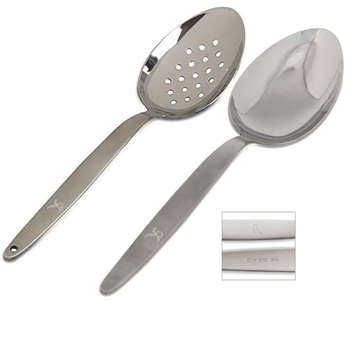 BNAZIND Kunz Perforated and Regular Set  Pack of 2  1810 Stainless Steel  9 Inch Cooking Dinner Serving Basting Quenelle Chef Spoon