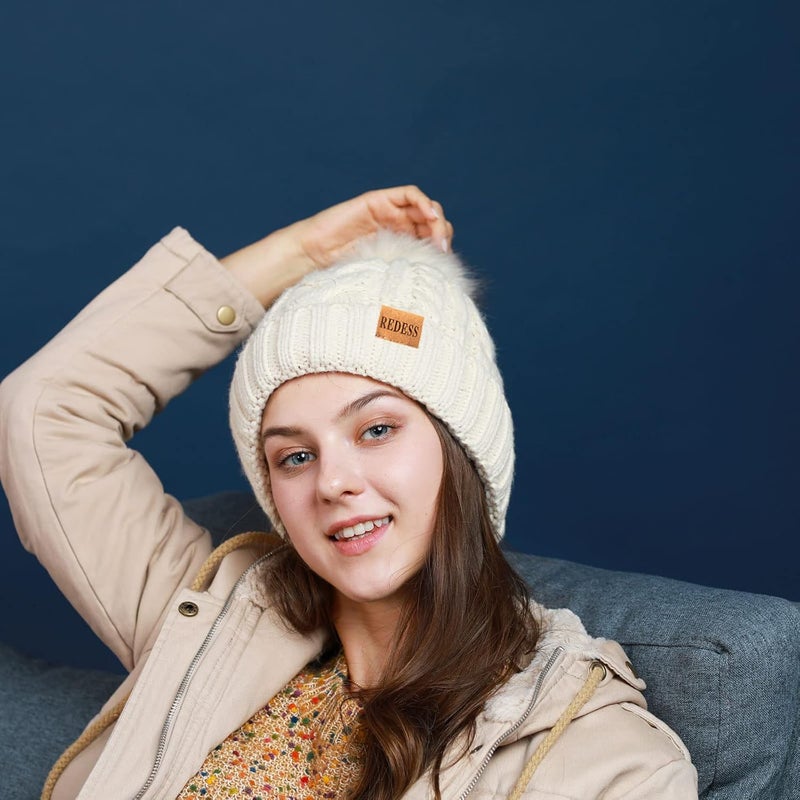 REDESS Women Winter Pompom Beanie Hat with Warm Fleece Lined, Thick Slouchy Snow Knit Skull Ski Cap - Image 5
