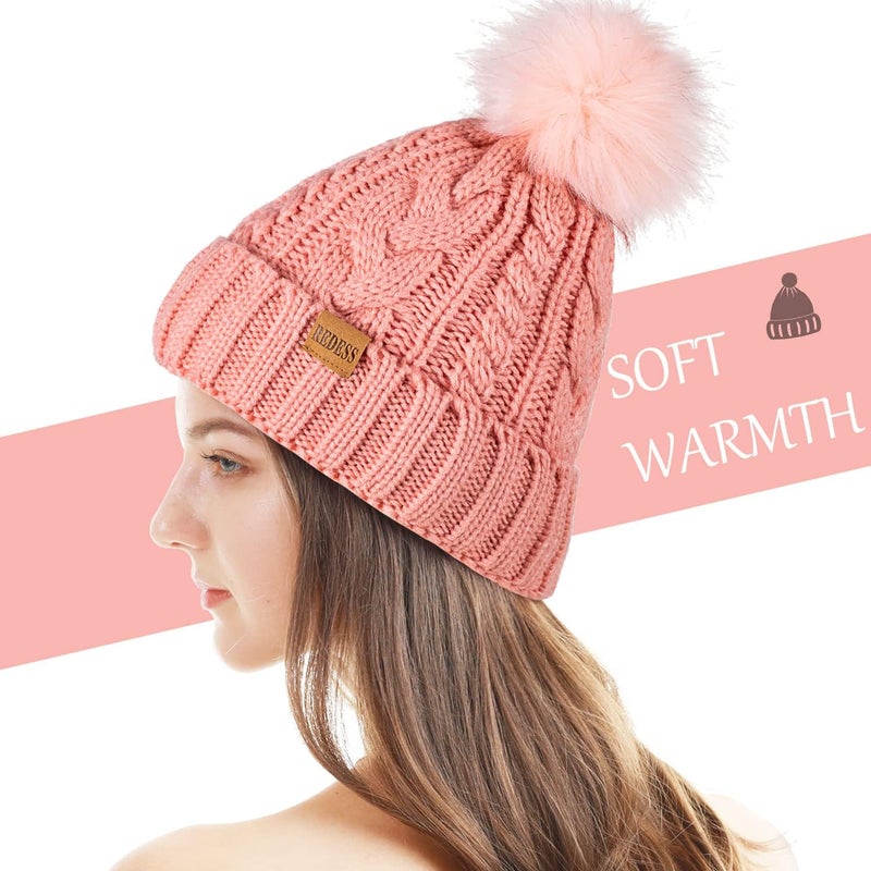 REDESS Women Winter Pompom Beanie Hat with Warm Fleece Lined, Thick Slouchy Snow Knit Skull Ski Cap - Image 2