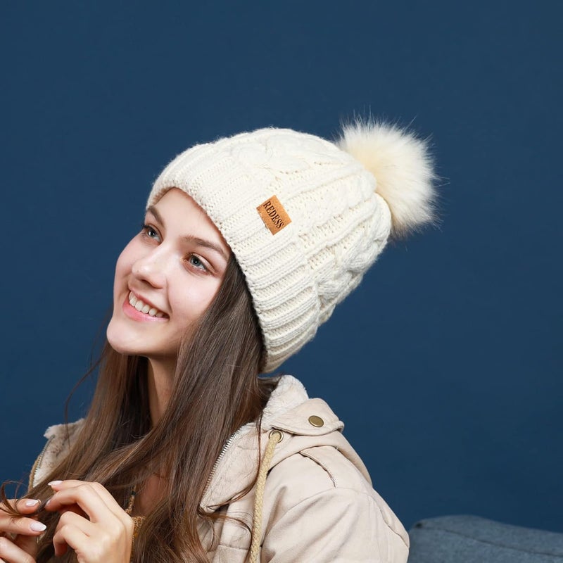 REDESS Women Winter Pompom Beanie Hat with Warm Fleece Lined, Thick Slouchy Snow Knit Skull Ski Cap - Image 4