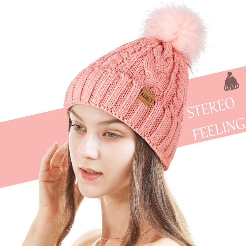REDESS Women Winter Pompom Beanie Hat with Warm Fleece Lined, Thick Slouchy Snow Knit Skull Ski Cap - Image 1