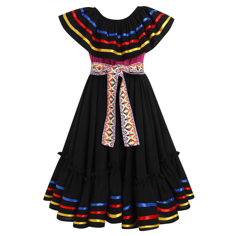 Mexican Dress for Girls Traditional Cinco de Mayo Fiesta Dresses for Toddler Girl OffShoulder Sleeveless Kids Vestidos Tipicos Mexicanos Flamenco Dress Ruffle Drape A Line Dress Black 67 Years
