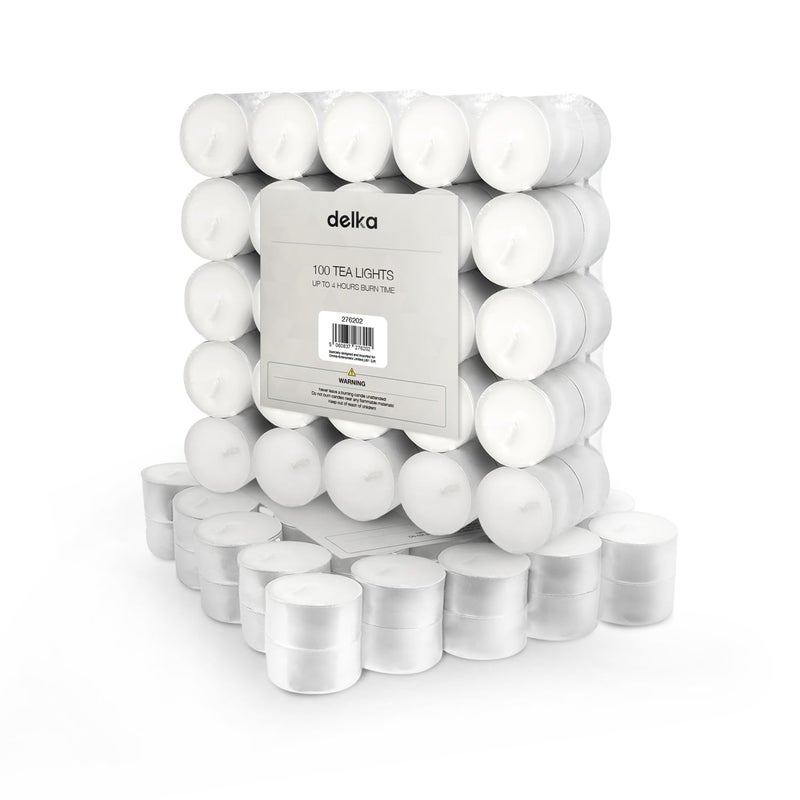 delka Unscented Tea Lights WhiteLongLasting 4 Hour Burn TimeSmokeFree Bright FlameIdeal for Weddings Events Aromatherapy Home Dcor and Emergency UsePremium Quality White 4 Hour 100 Pack