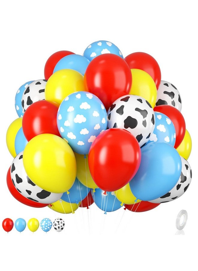 Biapian Toy Inspired Balloons - 12 Inch Red, Blue, Yellow Cow Print Sky Blue Cloud Story Balloons for Kids' Party Themed Decor - Image 1