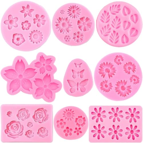 AMBESTEE Flower Silicone Molds,9pcs Rose Leaf Daisy Sunflower Chrysanthemum Small Flowers Fondant Molds Polymer Clay Mould Candy Chocolate Molds for Cupcake Cake Pop Puck Decoration DIY Crafts - Image 1